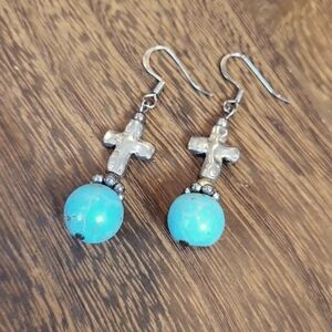 Turquoise Howlite Silver Tone Hammered Cross Detail Beaded Dangle Drop Earrings